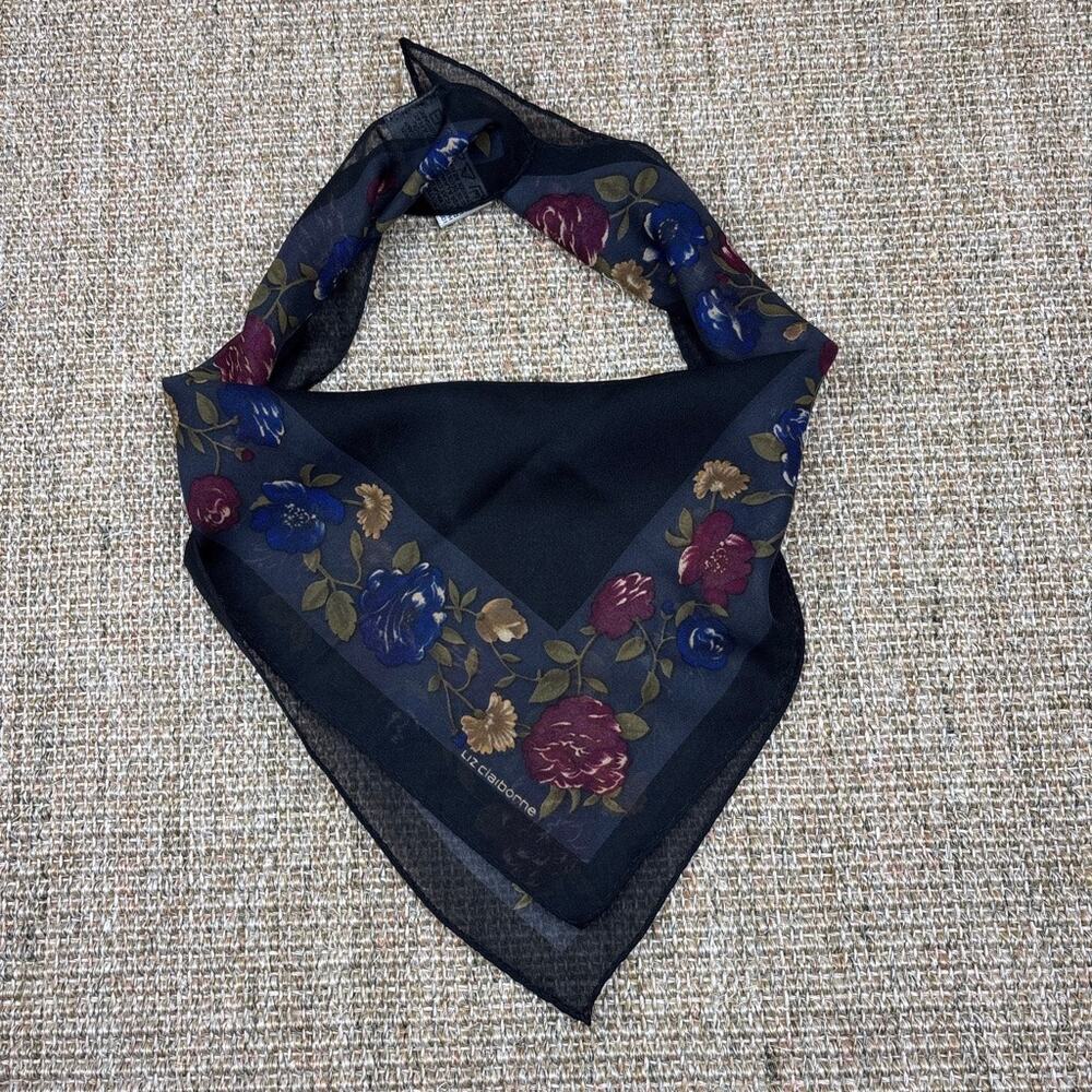🌹 Liz Claiborne Vintage Scarf | Navy Plaid Floral Border | 19"